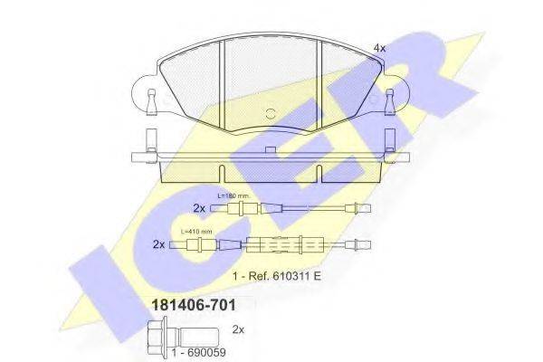 Комплект гальмівних колодок, дискове гальмо ICER 181406-701