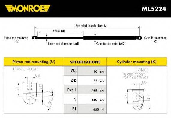 Газова пружина, кришка багажника MONROE ML5224