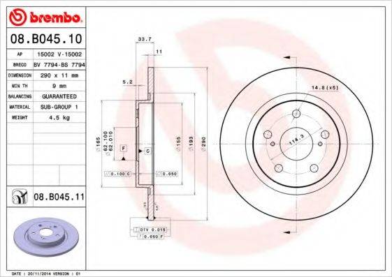 гальмівний диск BREMBO 08.B045.10