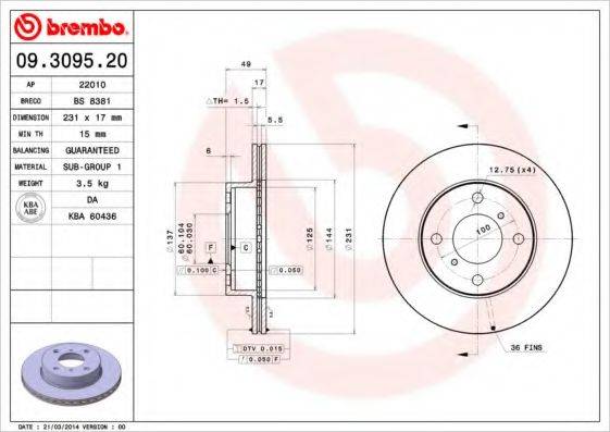 гальмівний диск BREMBO 09.3095.20