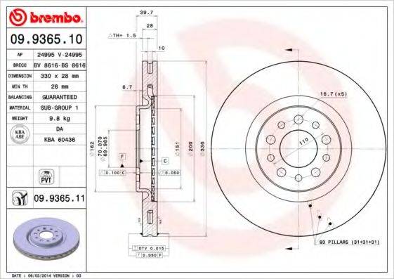 гальмівний диск BREMBO 09.9365.11