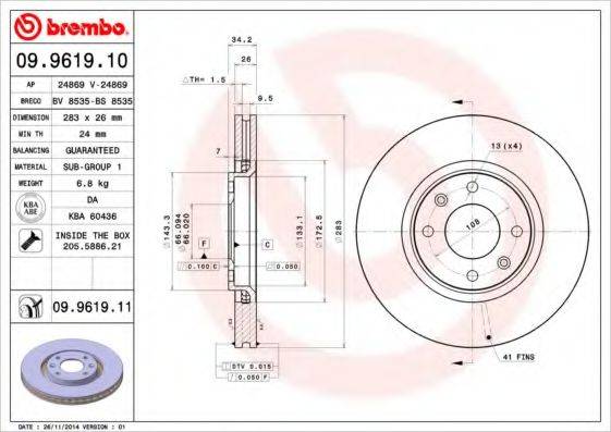 гальмівний диск BREMBO 09.9619.10