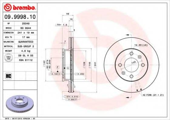 гальмівний диск BREMBO 09.9998.10