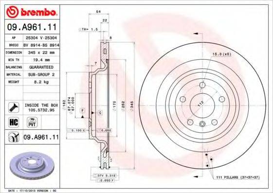 гальмівний диск BREMBO 09.A961.11